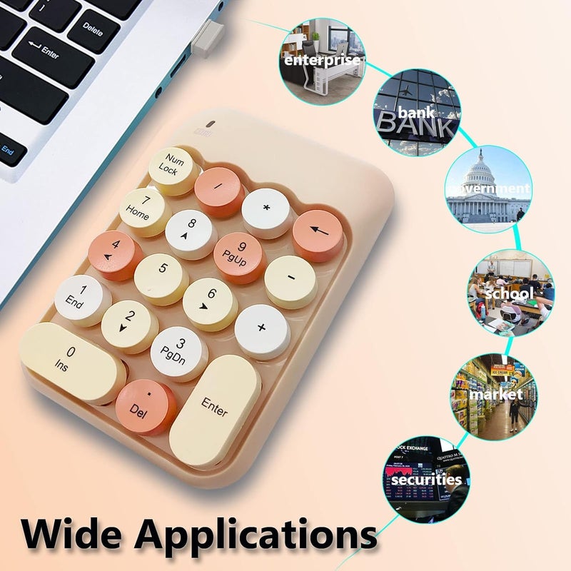 Seaciyan Wireless Number Pad, Ergonomic Cute Colorful Retro Mini Portable Numeric Keypad, 2.4G Cordless External Keyboard for Computer, Laptop (Milk Tea) - Image 5